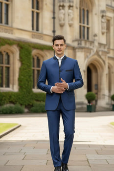 Mens Blue Sharkskin Mandarin Collar Tuxedo - 2 Piece Slim Fit Luxury Set
