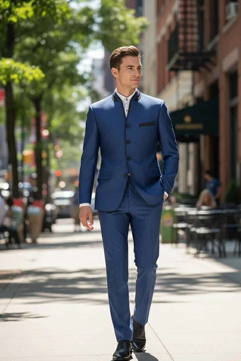 Mens Blue Sharkskin Mandarin Collar Tuxedo - 2 Piece Slim Fit Luxury Set