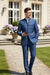 Mens Blue Sharkskin Mandarin Collar Tuxedo - 2 Piece Slim Fit Luxury Set