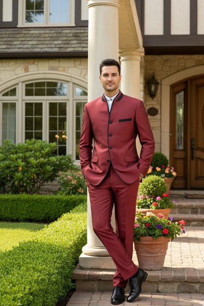 Mens Burgundy Sharkskin Mandarin Collar Tuxedo - 2 Piece Slim Fit Luxury Set