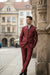 Mens Burgundy Sharkskin Mandarin Collar Tuxedo - 2 Piece Slim Fit Luxury Set