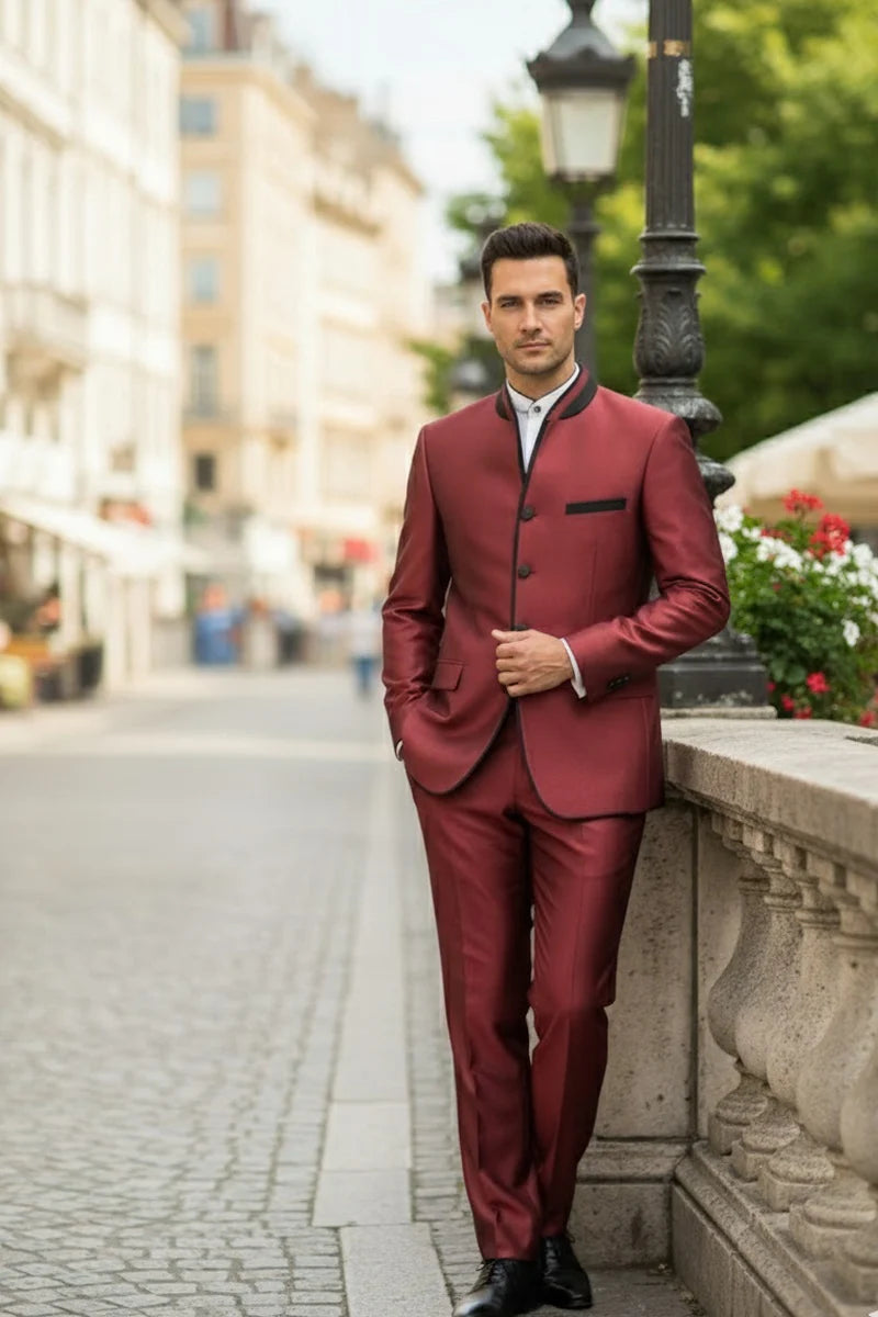 Mens Burgundy Sharkskin Mandarin Collar Tuxedo - 2 Piece Slim Fit Luxury Set