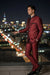 Mens Burgundy Sharkskin Mandarin Collar Tuxedo - 2 Piece Slim Fit Luxury Set