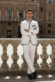 Mens White Sharkskin Mandarin Collar Tuxedo - 2 Piece Slim Fit Luxury Set