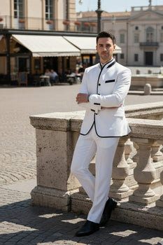Mens White Sharkskin Mandarin Collar Tuxedo - 2 Piece Slim Fit Luxury Set