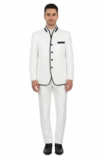 Mens White Sharkskin Mandarin Collar Tuxedo - 2 Piece Slim Fit Luxury Set