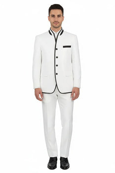 Mens White Sharkskin Mandarin Collar Tuxedo - 2 Piece Slim Fit Luxury Set