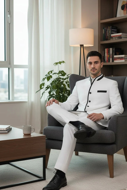 Mens White Sharkskin Mandarin Collar Tuxedo - 2 Piece Slim Fit Luxury Set
