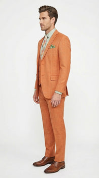Vinci Mens Orange Three Piece Suit – Orange Windowpane Plaid 3PC Formal Suit for Wedding, Church and Business Holloween Color