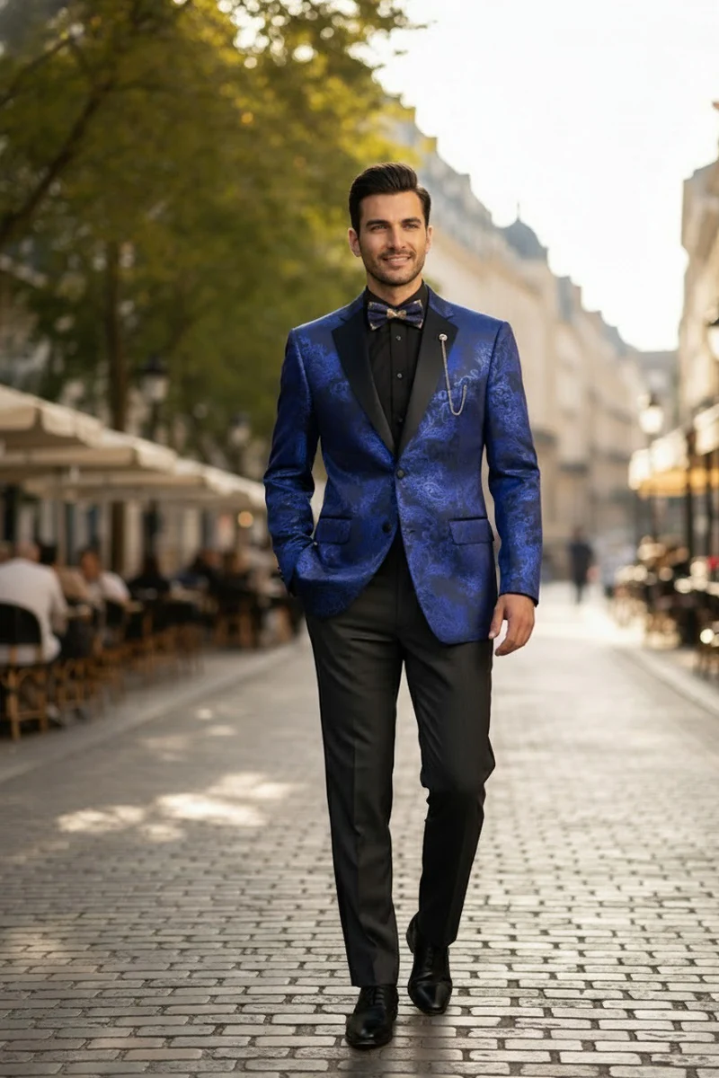 Posh Paisley Velvet Royal Blue Tuxedo Jacket