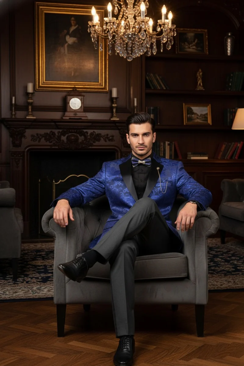 Posh Paisley Velvet Royal Blue Tuxedo Jacket