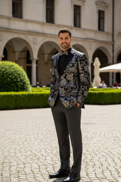 Posh Paisley Velvet Silver Tuxedo Jacket