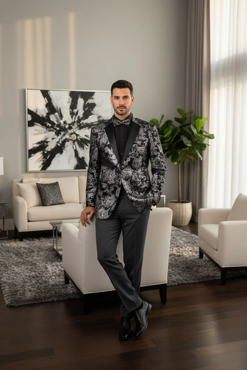 Posh Paisley Velvet Silver Tuxedo Jacket