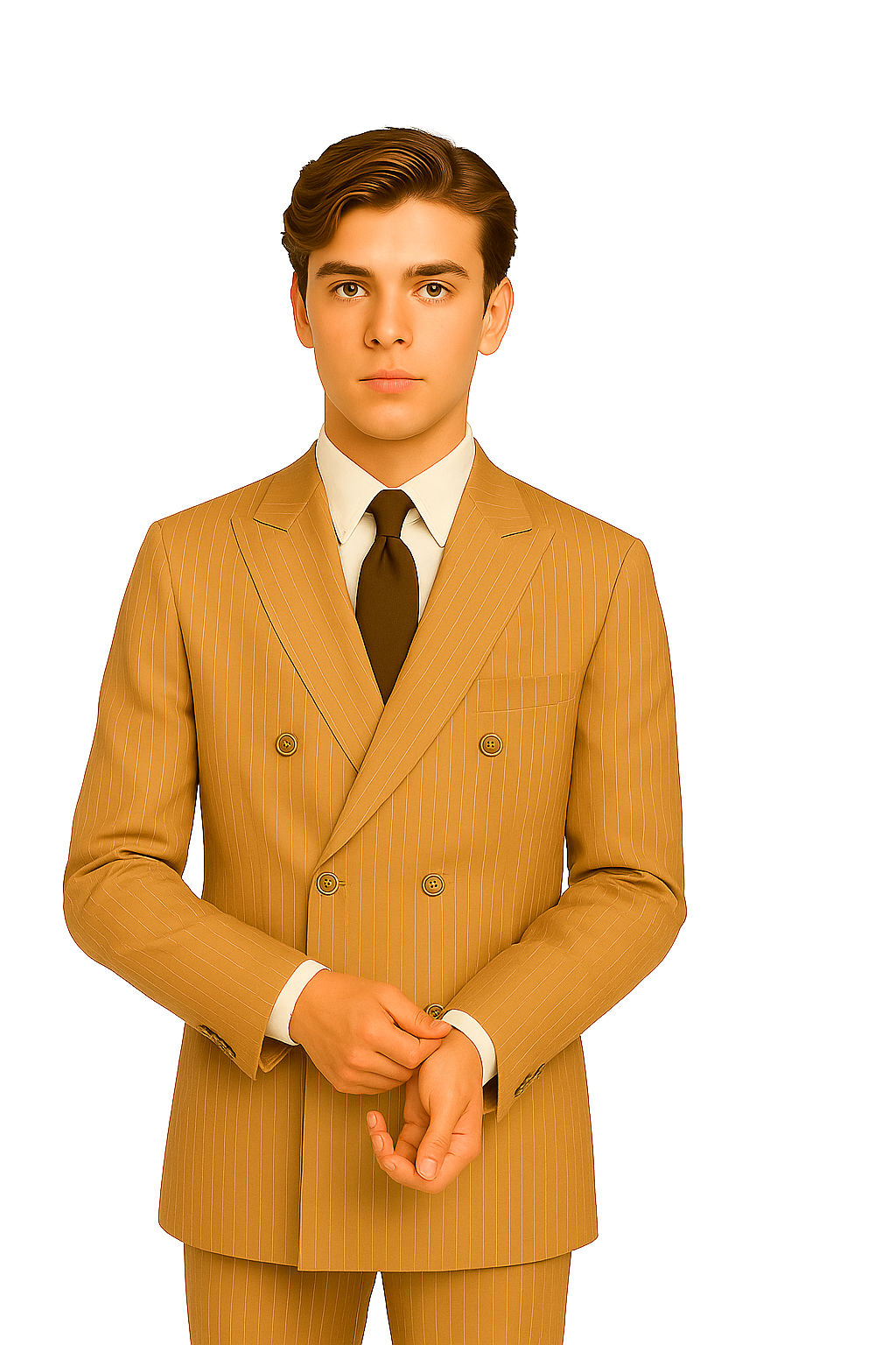 1920s Gangster Custom - Bold Gangster Pinstripe Suit Camel - Image 2
