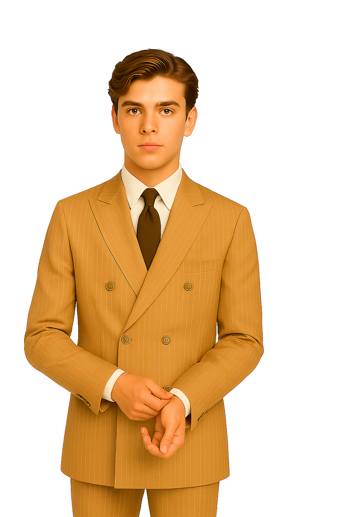 1920s Gangster Custom - Bold Gangster Pinstripe Suit Camel - Image 2