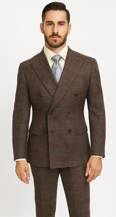 Vintage Suit - Rossiman Suit - Brown and Blue Mix Windowpane Suit - Glen Plaid Suit