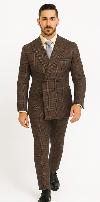 Vintage Suit - Rossiman Suit - Brown and Blue Mix Windowpane Suit - Glen Plaid Suit