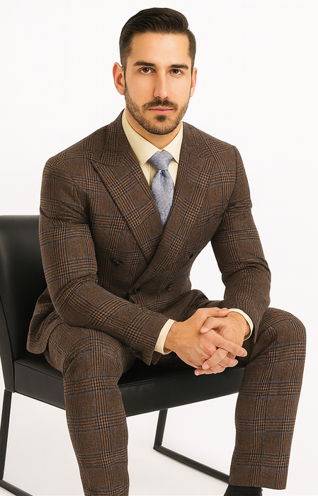 Vintage Suit - Rossiman Suit - Brown and Blue Mix Windowpane Suit - Glen Plaid Suit