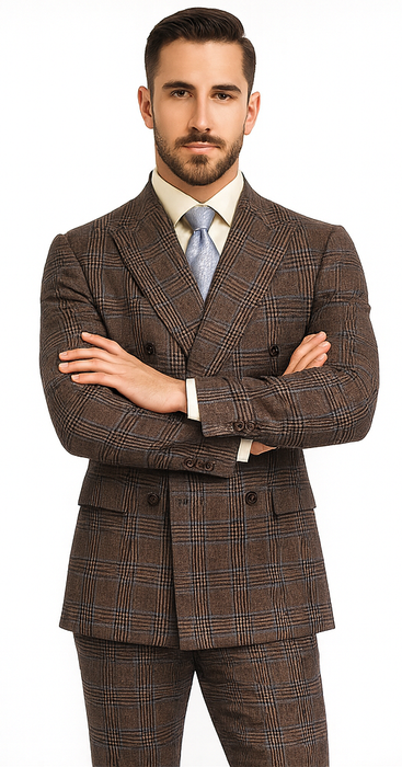 Vintage Suit - Rossiman Suit - Brown and Blue Mix Windowpane Suit - Glen Plaid Suit