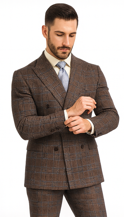 Vintage Suit - Rossiman Suit - Brown and Blue Mix Windowpane Suit - Glen Plaid Suit