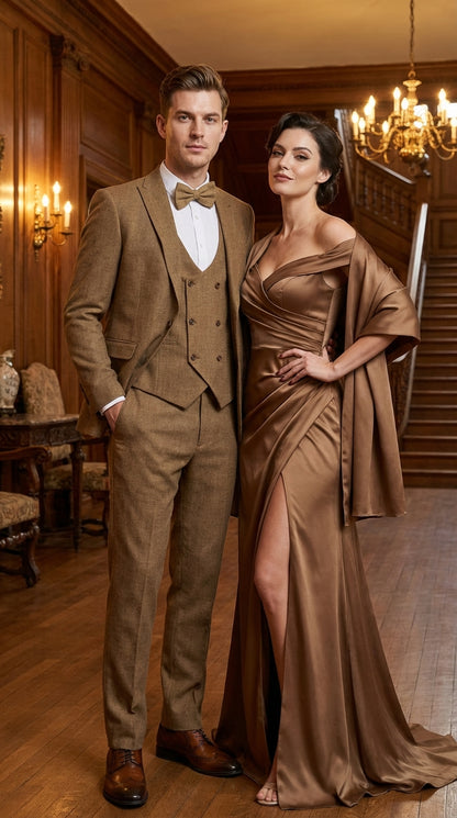 Mens Mocca Brown Taupe textured 1920s Great Gatsby Inspired Suit – Vintage Three Piece Retro Formal Suit Peak Lapel Modern Fit