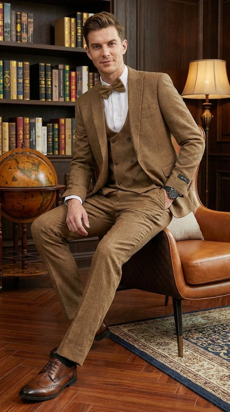 Mens Mocca Brown Taupe textured 1920s Great Gatsby Inspired Suit – Vintage Three Piece Retro Formal Suit Peak Lapel Modern Fit