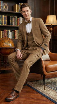 Mens Mocca Brown Taupe textured 1920s Great Gatsby Inspired Suit – Vintage Three Piece Retro Formal Suit Peak Lapel