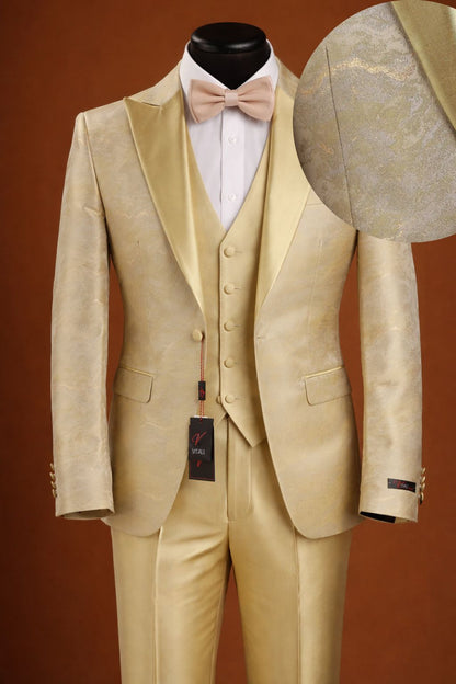 Vitali Mens Yellow Gold Designer Tuxedo Suit Set – Luxury Wedding Prom Formal Tuxedo with Vest Bow Tie in Champaign Color