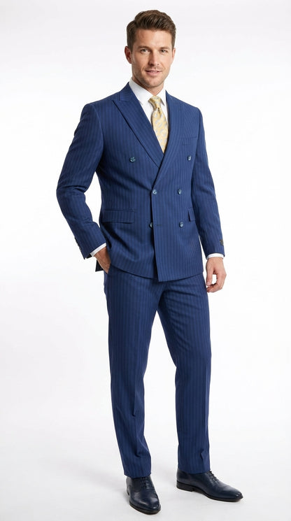 Vitali Mens Blue Tone on Tone Shadow Pinstripe Suit Set – Double Breasted Business  Side Vented Modern Fit