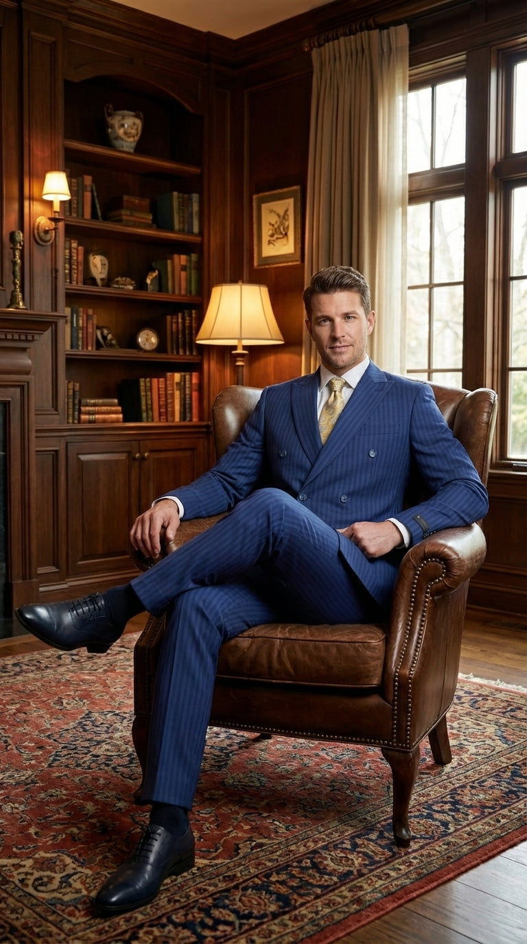 Vitali Mens Blue Tone on Tone Shadow Pinstripe Suit Set – Double Breasted Business  Side Vented Modern Fit