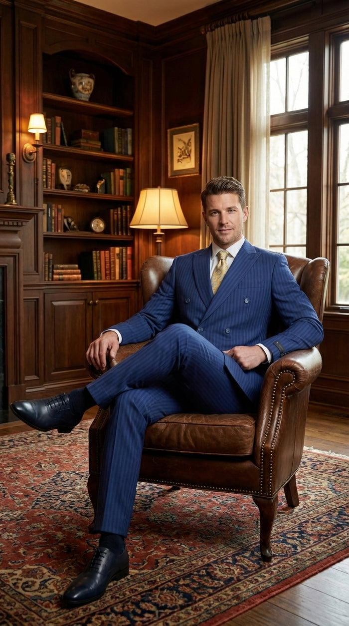 Vitali Mens Blue Tone on Tone Shadow Pinstripe Suit Set – Double Breasted Business  Side Vented Modern Fit