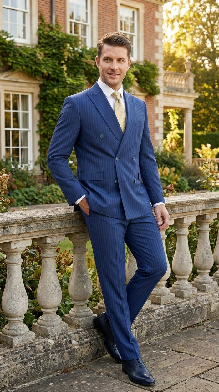 Vitali Mens Blue Tone on Tone Shadow Pinstripe Suit Set – Double Breasted Business  Side Vented Modern Fit