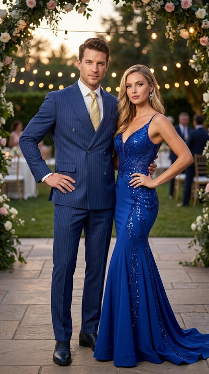 Vitali Mens Blue Tone on Tone Shadow Pinstripe Suit Set – Double Breasted Business  Side Vented Modern Fit