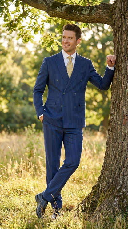Vitali Mens Blue Tone on Tone Shadow Pinstripe Suit Set – Double Breasted Business  Side Vented Modern Fit