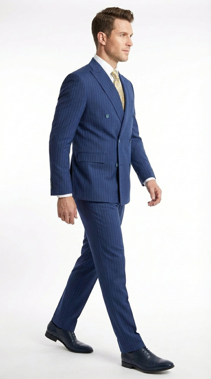 Vitali Mens Blue Tone on Tone Shadow Pinstripe Suit Set – Double Breasted Business  Side Vented Modern Fit