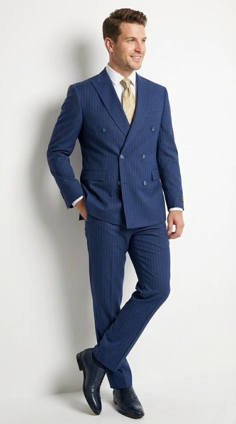 Vitali Mens Blue Tone on Tone Shadow Pinstripe Suit Set – Double Breasted Business  Side Vented Modern Fit