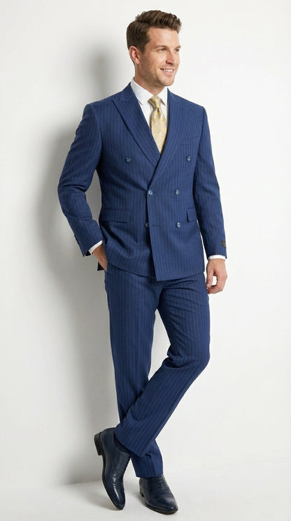 Vitali Mens Blue Tone on Tone Shadow Pinstripe Suit Set – Double Breasted Business  Side Vented Modern Fit