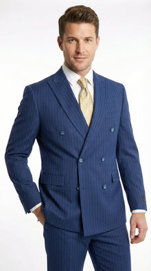 Vitali Mens Blue Tone on Tone Shadow Pinstripe Suit Set – Double Breasted Business Modern Fit Side Vented