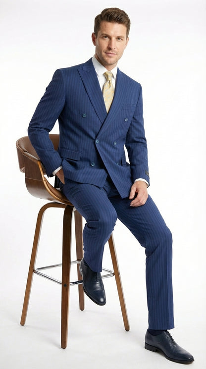 Vitali Mens Blue Tone on Tone Shadow Pinstripe Suit Set – Double Breasted Business  Side Vented Modern Fit