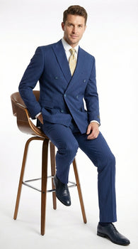 Vitali Mens Blue Tone on Tone Shadow Pinstripe Suit Set – Double Breasted Business Modern Fit Side Vented