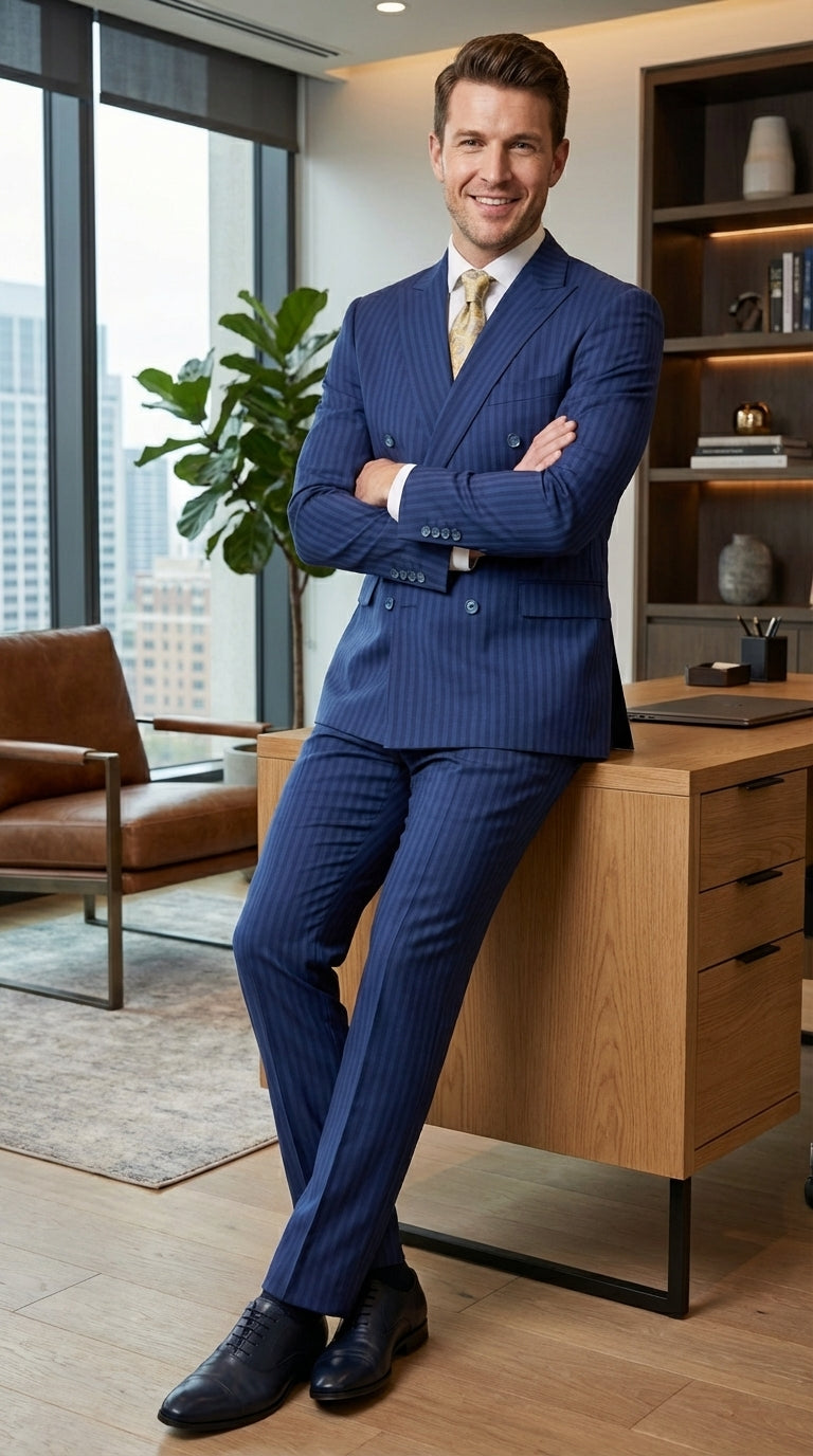 Vitali Mens Blue Tone on Tone Shadow Pinstripe Suit Set – Double Breasted Business  Side Vented Modern Fit