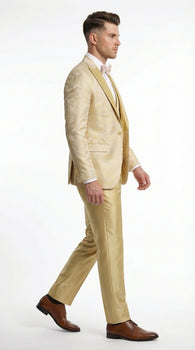 Vitali Mens Yellow Gold Designer Tuxedo Suit Set – Luxury Wedding Prom Formal Tuxedo with Vest Bow Tie in Champaign Color