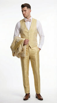 Vitali Mens Yellow Gold Designer Tuxedo Suit Set – Luxury Wedding Prom Formal Tuxedo with Vest Bow Tie in Champaign Color