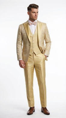 Vitali Mens Yellow Gold Designer Tuxedo Suit Set – Luxury Wedding Prom Formal Tuxedo with Vest Bow Tie in Champaign Color