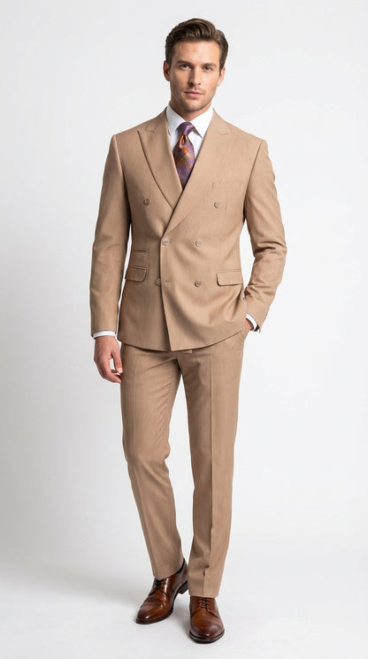 Vitali Tan Double Breasted Suit – Men’s 2 Piece Formal Suit for Wedding, Business and Special Events khaki beige color Modern Fit