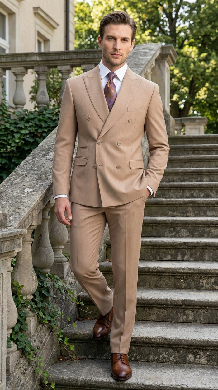 Vitali Tan Double Breasted Suit – Men’s 2 Piece Formal Suit for Wedding, Business and Special Events khaki beige color Modern Fit