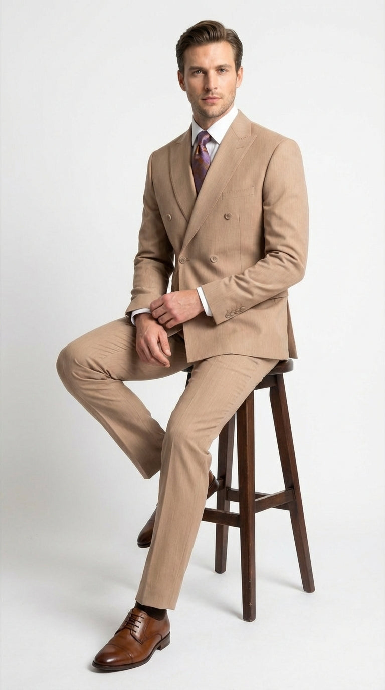 Vitali Tan Double Breasted Suit – Men’s 2 Piece Formal Suit for Wedding, Business and Special Events khaki beige color Modern Fit