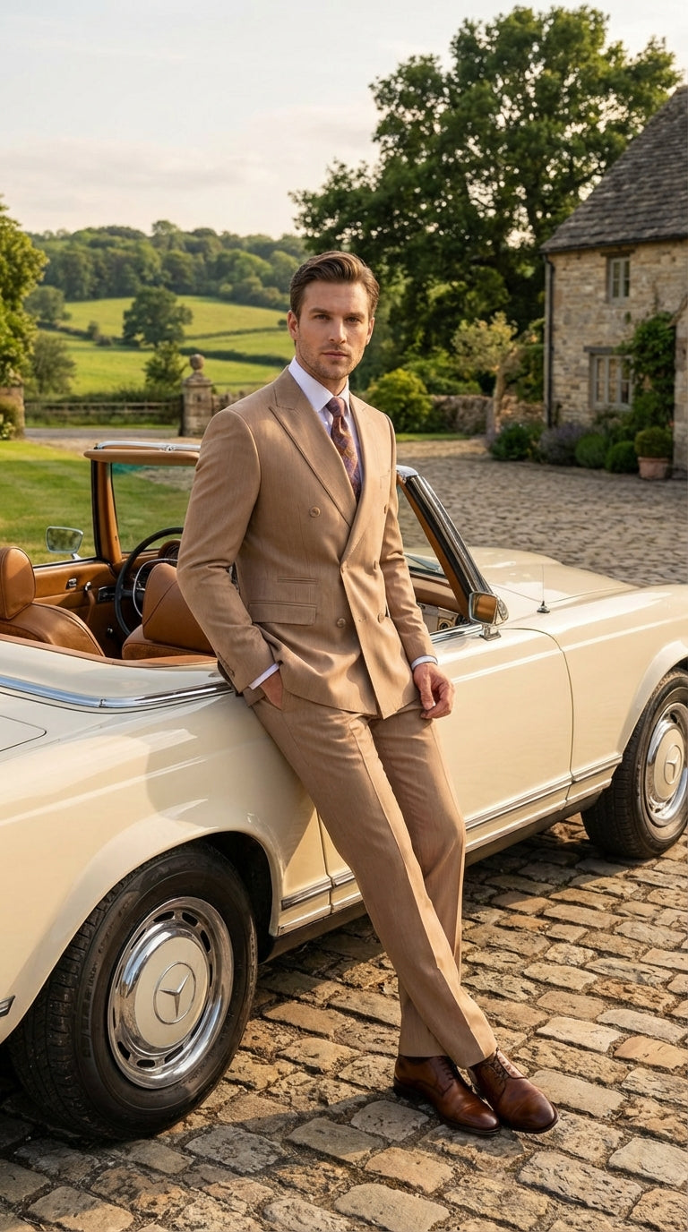 Vitali Tan Double Breasted Suit – Men’s 2 Piece Formal Suit for Wedding, Business and Special Events khaki beige color Modern Fit