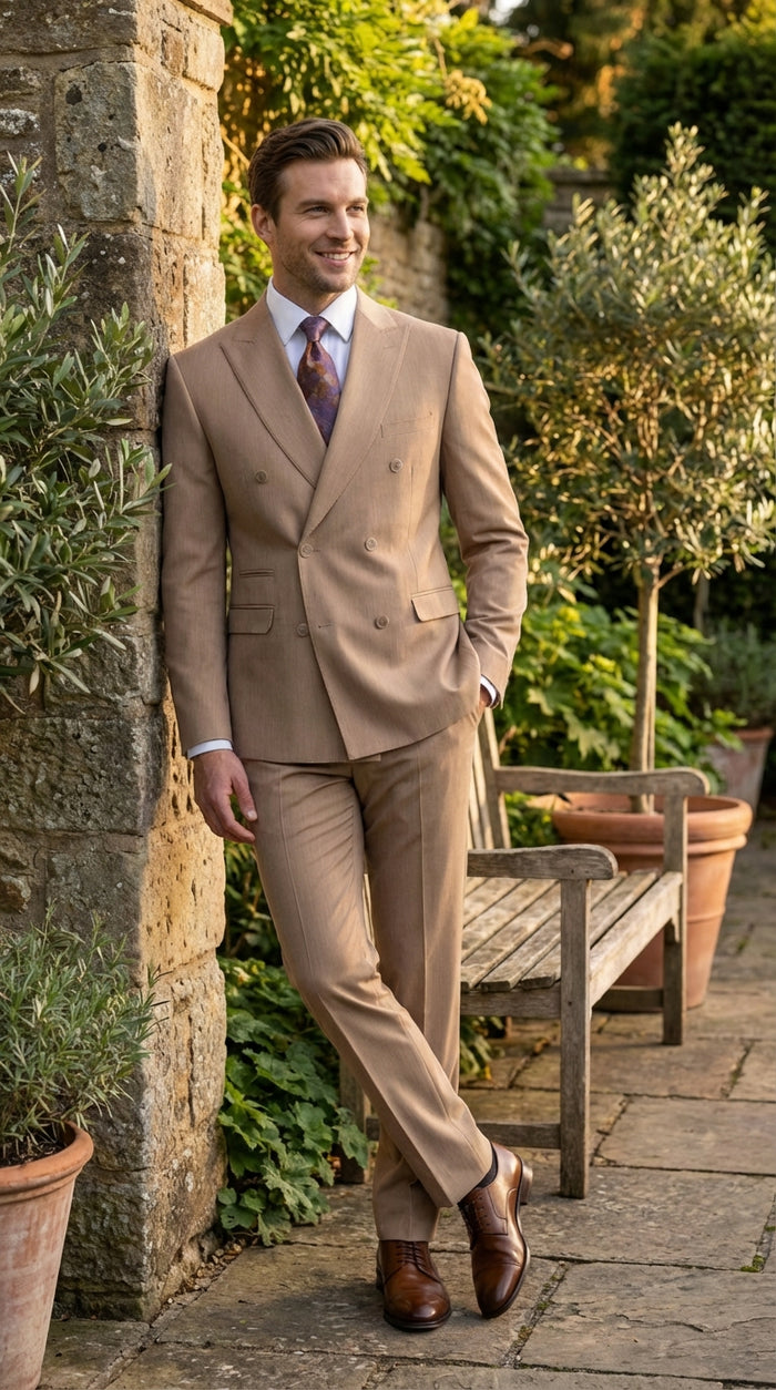 Vitali Tan Double Breasted Suit – Men’s 2 Piece Formal Suit for Wedding, Business and Special Events khaki beige color Modern Fit