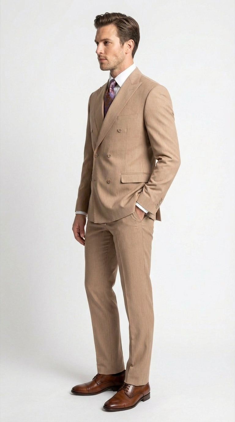 Vitali Tan Double Breasted Suit – Men’s 2 Piece Formal Suit for Wedding, Business and Special Events khaki beige color Modern Fit